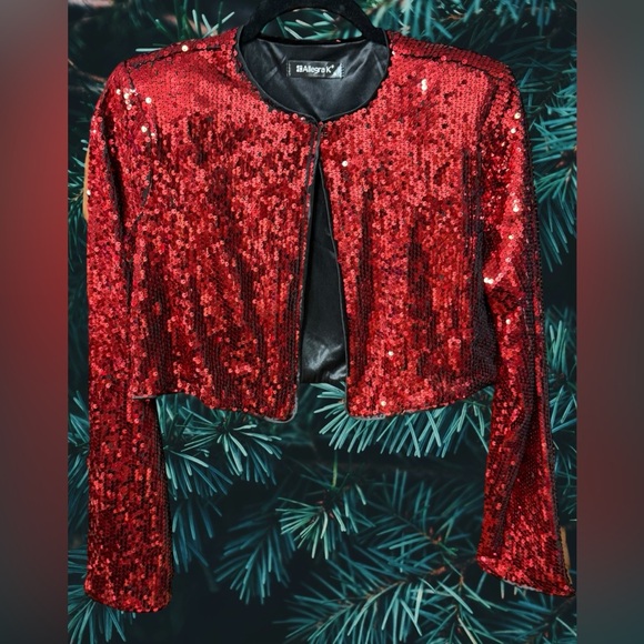 Allegra K red sequin cropped Bolero shrug open front jacket women’s size medium - Picture 3 of 7